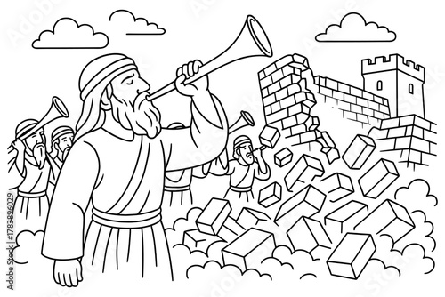 Biblical scene of jericho's walls falling in black and white outline style