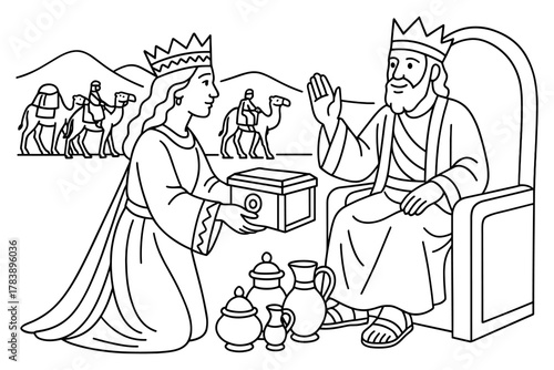 Biblical scene of the queen of sheba visiting king solomon in line art