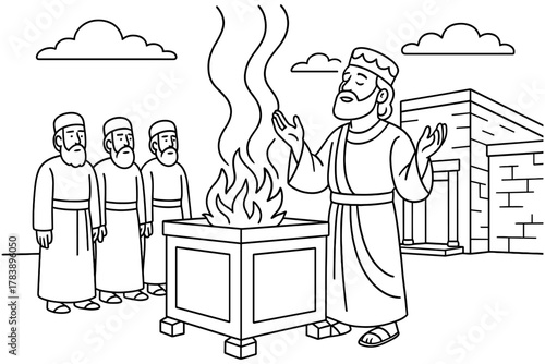 Biblical scene: priest offering sacrifice with worshippers in line art style