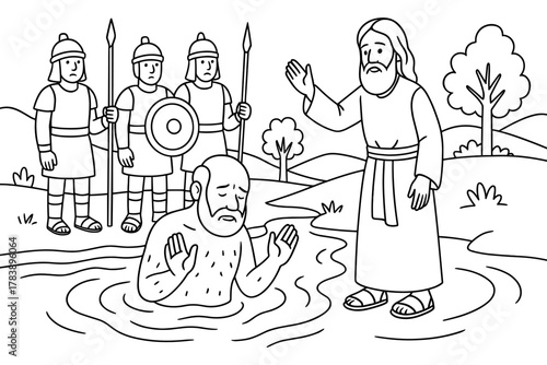 Biblical scene: healing miracle in baptismal river with ancient soldiers