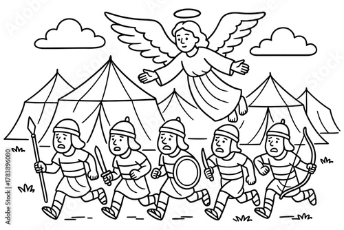 Ancient soldiers fleeing from angel in camp scene with tents and clouds