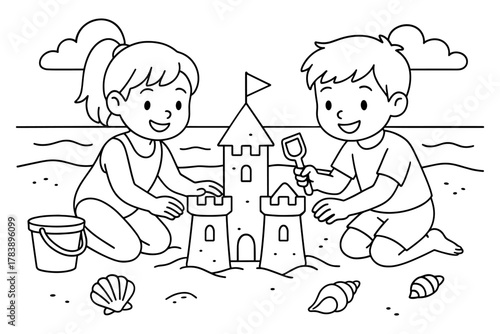 Children building a sandcastle on the beach in black and white design