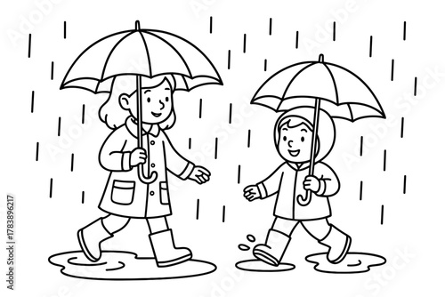 Family stroll in the rain: hand-drawn black and white outline