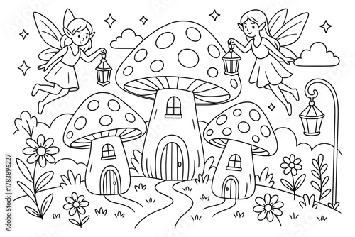 Magical fairyland with mushrooms and fairies in whimsical line art style