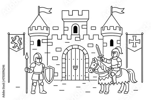 Medieval castle scene with knights in line art style