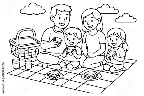 Family enjoying picnic in park with sandwiches and smiles