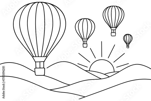 Outline of hot air balloons over hills with sunrise