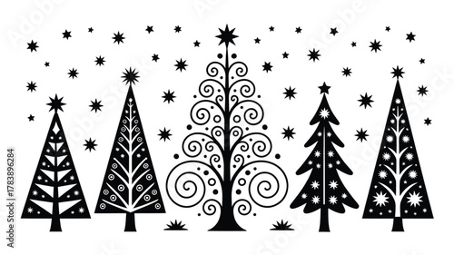 A whimsical collection of five stylized christmas trees in a silhouette against a backdrop of falling snowflakes and stars perfect for holiday designs silhouette