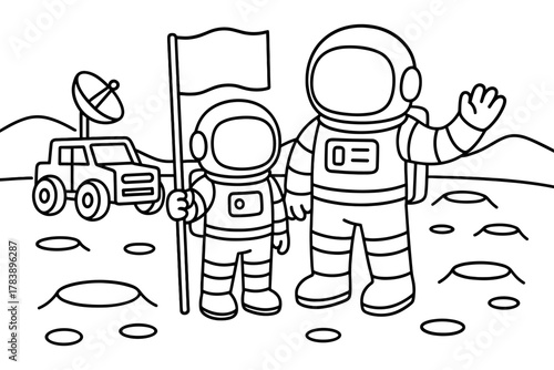 Adventurous astronauts on the moon with flag and space rover in playful line art