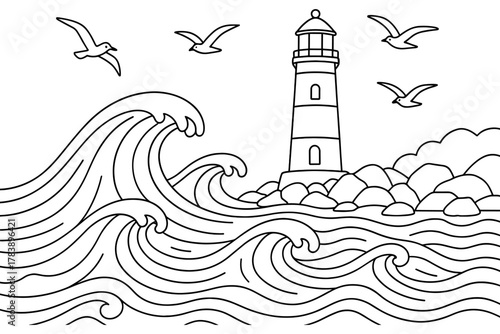 Coastal lighthouse with waves and seagulls in line art style