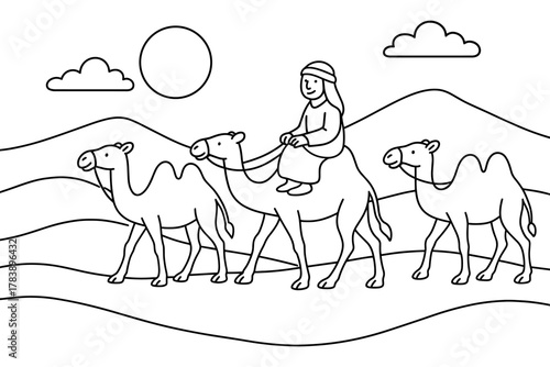 Desert journey: outline art of person riding camels in scenic landscape
