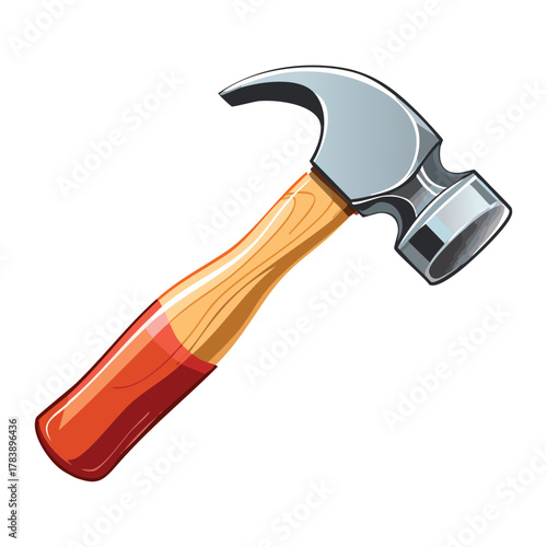 Shiny metal claw hammer with an ergonomic wooden handle, detailed 3D rendering of essential workshop equipment