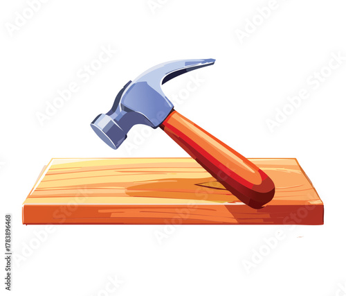 Classic Steel Claw Hammer Resting Angled on a Brown Wooden Plank Ready for Carpentry and Building Work