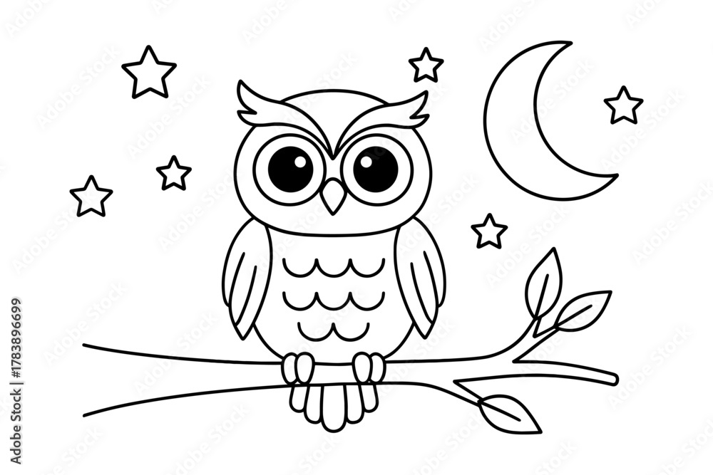 Fototapeta premium Cute owl on branch with moon and stars in black and white line art