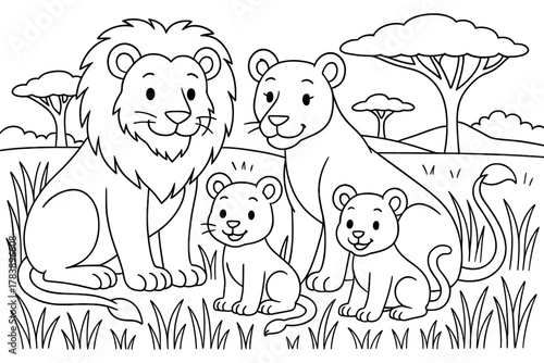 Family of lions in savannah coloring page: outline art for kids