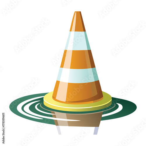 Bright striped safety cone standing in a reflective puddle of water, symbolizing road work in wet conditions