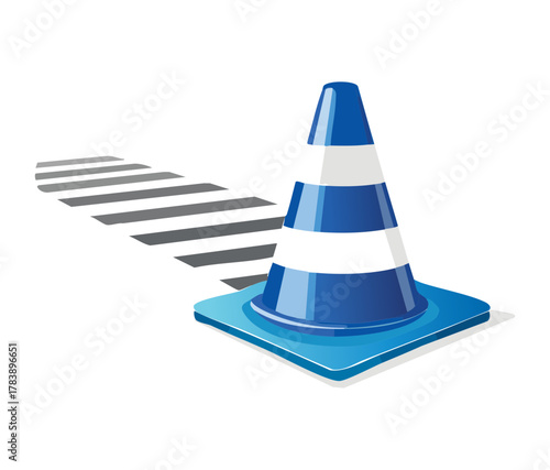 Blue and white safety cone with zebra cross stripes for construction road works and traffic control symbol design