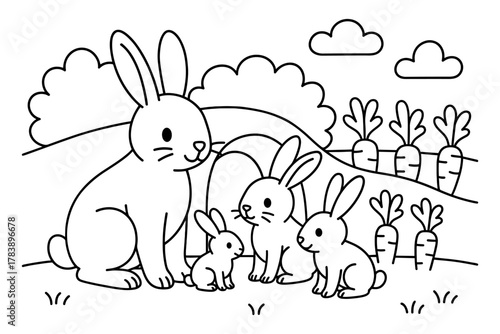 Cute bunny family in outlined style with carrots and clouds in a garden scene