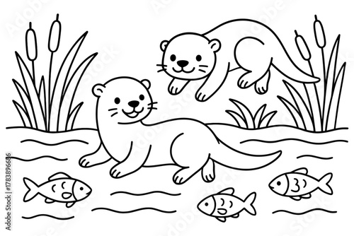 Playful otters in a pond with fish in cute outline style art