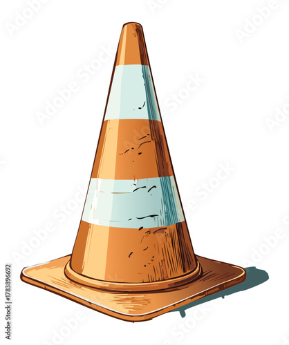Vintage Style Warning Traffic Cone Showing Signs of Wear and Tear with Cracked Paint and Rough Texture
