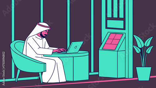Arabian Businessman Working on Laptop in Neon Office Vector 