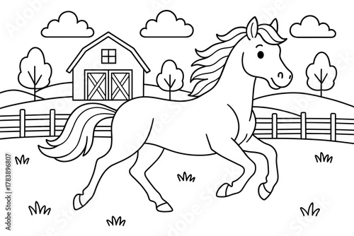 Charming farm scene with a galloping horse in simple outline style