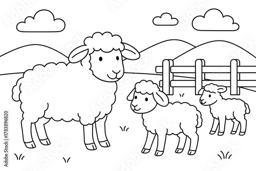 Cute farm scene with adorable sheep family in a pastoral setting