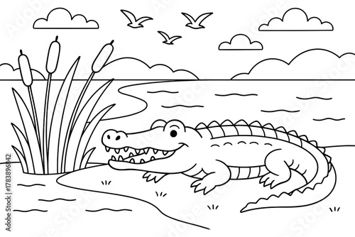 Cartoon crocodile by river with reeds and birds in a playful landscape