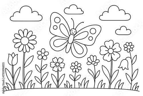 Whimsical butterfly and flowers in a children’s coloring page
