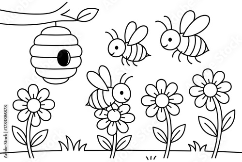 Playful bees and flowers coloring page with beehive and blooming garden
