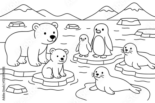 Cute polar animals on ice: coloring page featuring bear, penguin, seal family in arctic scene