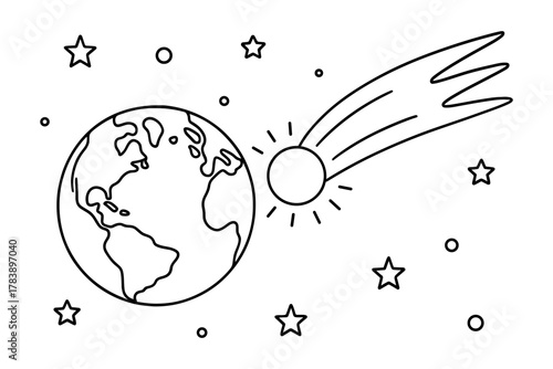 Black and white space scene with earth and shooting star