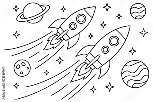 Space adventure: rockets and planets in linear style