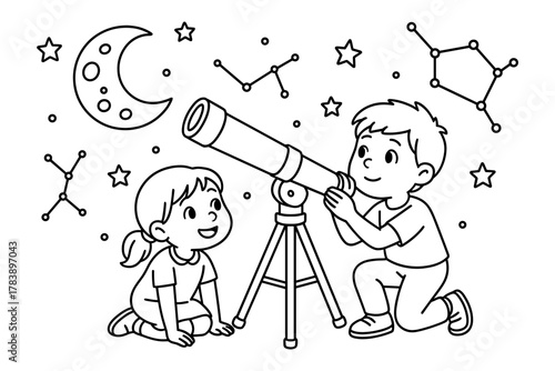 Kids stargazing with telescope: night sky exploration in black and white