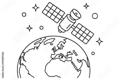 Linear space satellite orbiting earth with stars in minimalist design