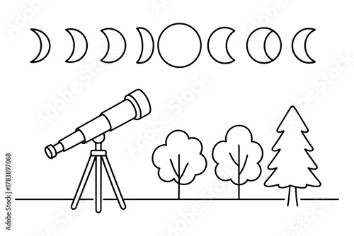 Outline of telescope under moon phases with trees in minimalist design