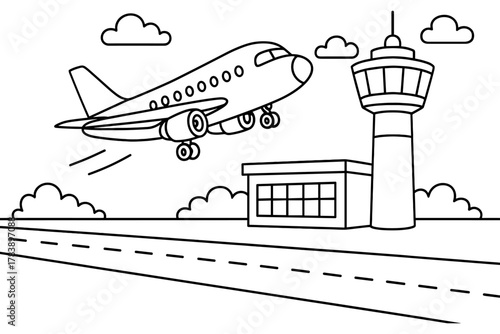 Airplane departing from airport with control tower in outline style