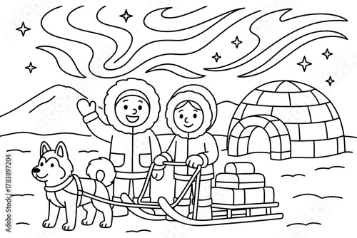 Children enjoying arctic adventure with dog sled and igloo under northern lights