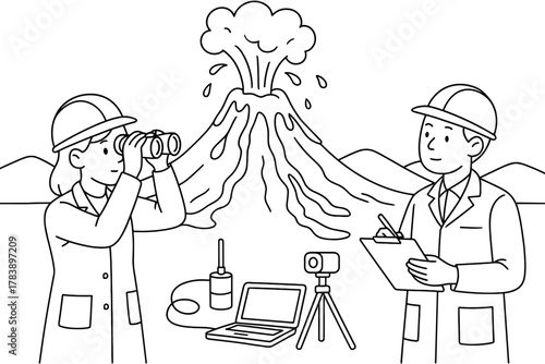 Scientists monitoring volcanic eruption with equipment in line art style