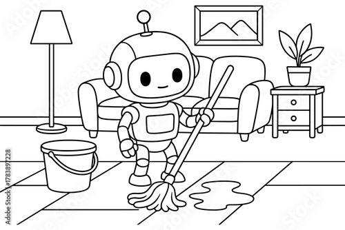 Cute robot cleaning a living room with mop in black and white cartoon style