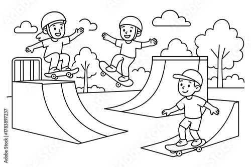 Kids enjoying skateboarding in the park: lively line art scene