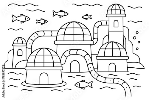 Monochrome dome houses in futuristic sea landscape with fish and pipes outline