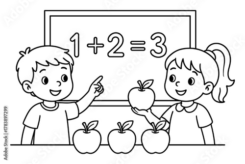 Children learning math with apples in classroom outline drawing