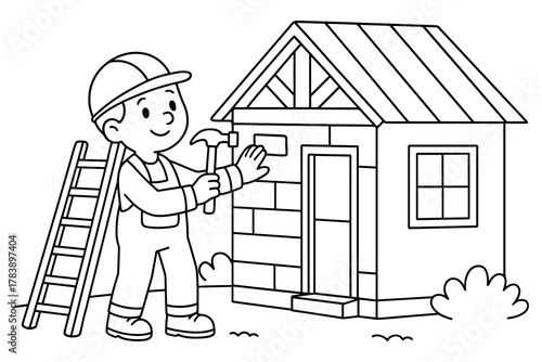 Cute cartoon kid carpenter building a small house with hammer and ladder