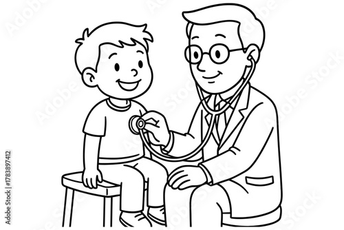 Doctor conducting child health checkup in black and white line art