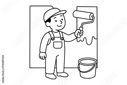 Child painter in overalls holding roller and painting wall outline