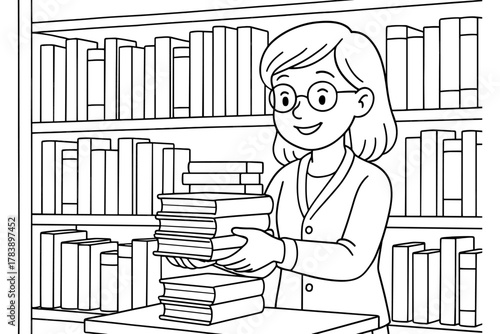 Librarian organizing books in a library with shelves filled with literature