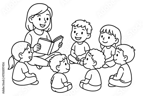 Children listening to storytime with teacher in black and white cartoon style