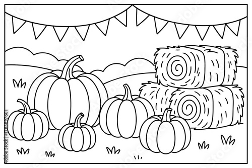 Autumn harvest with pumpkins and hay in black and white outlined style
