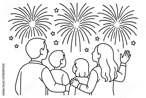 Family watching fireworks together in linear style outline drawing